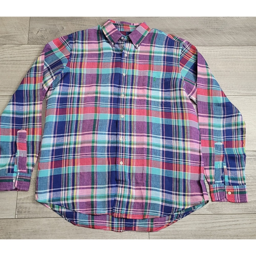 Polo Ralph Lauren Shirt Mens L Madras Plaid 100% Linen Button Long Sleeve Preppy